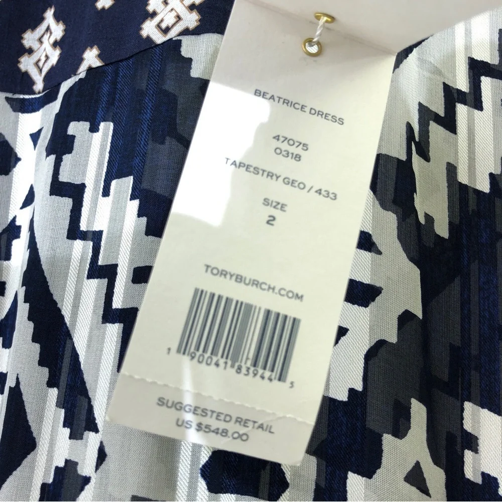 TORY BURCH Beatrice Blue White Geometric Fringe Caftan Beach Cover Up Dress